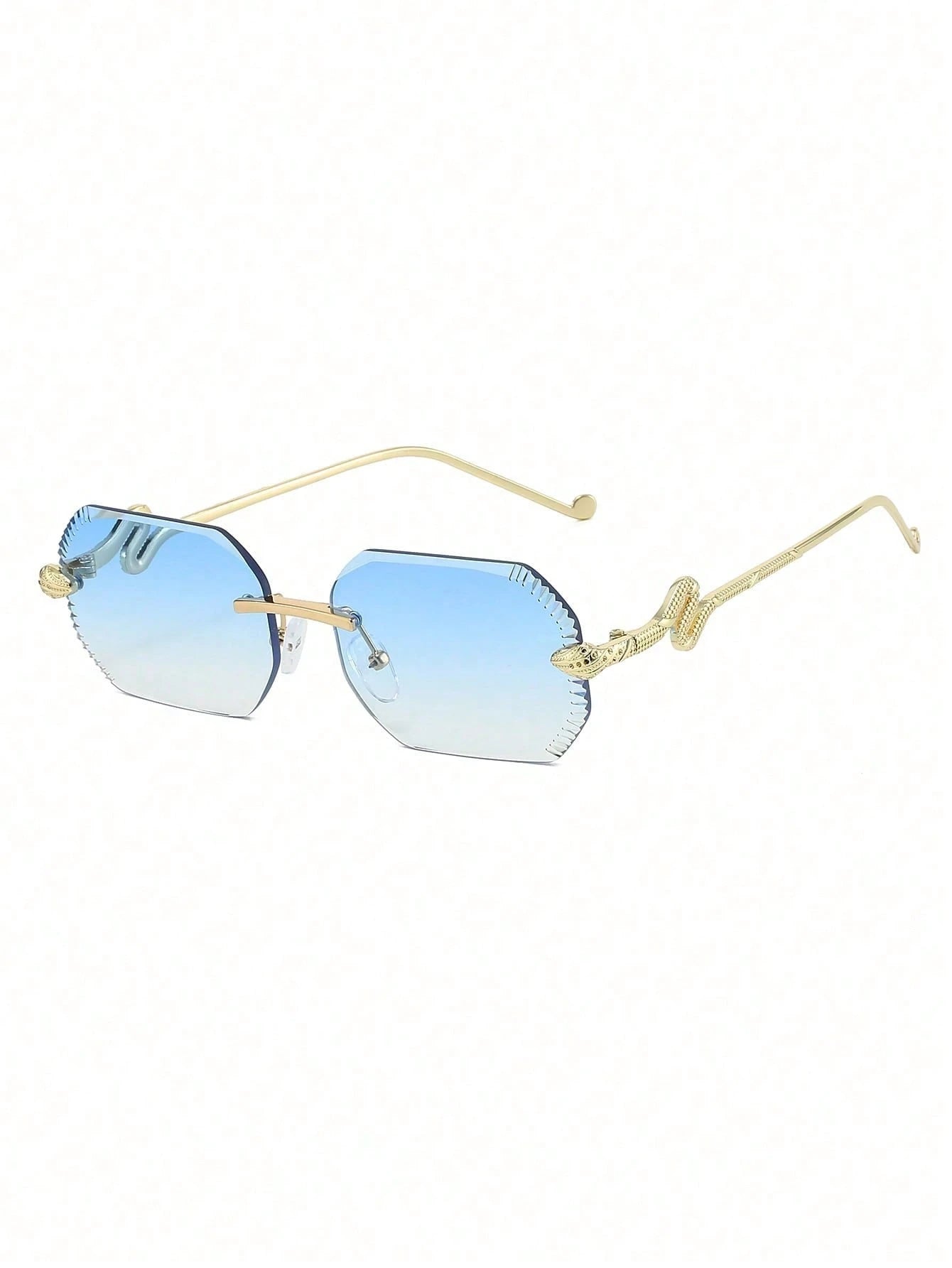 Sunglasses with gold frame and blue gradient lenses on a white background