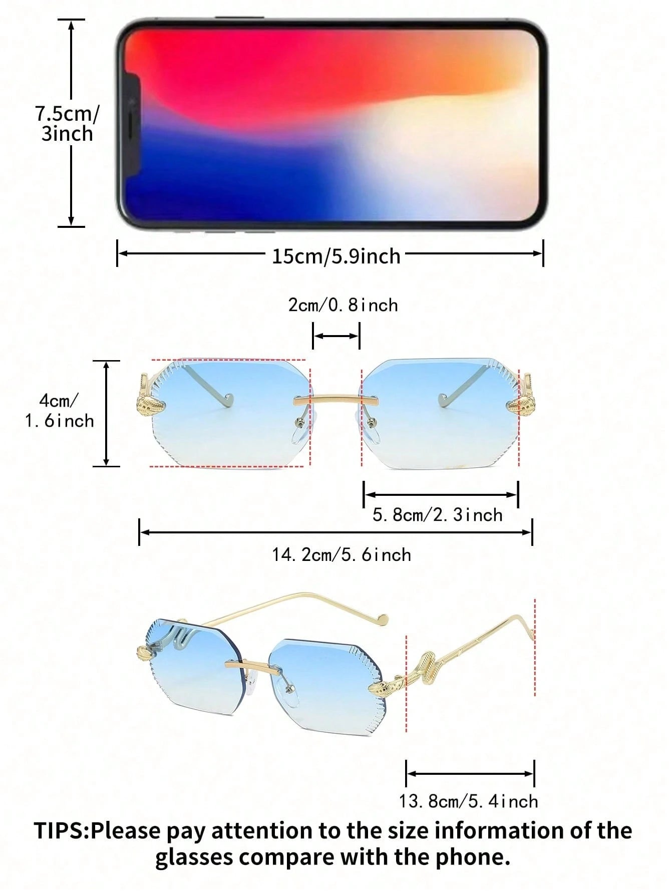Measurement chart comparing sunglasses to a smartphone