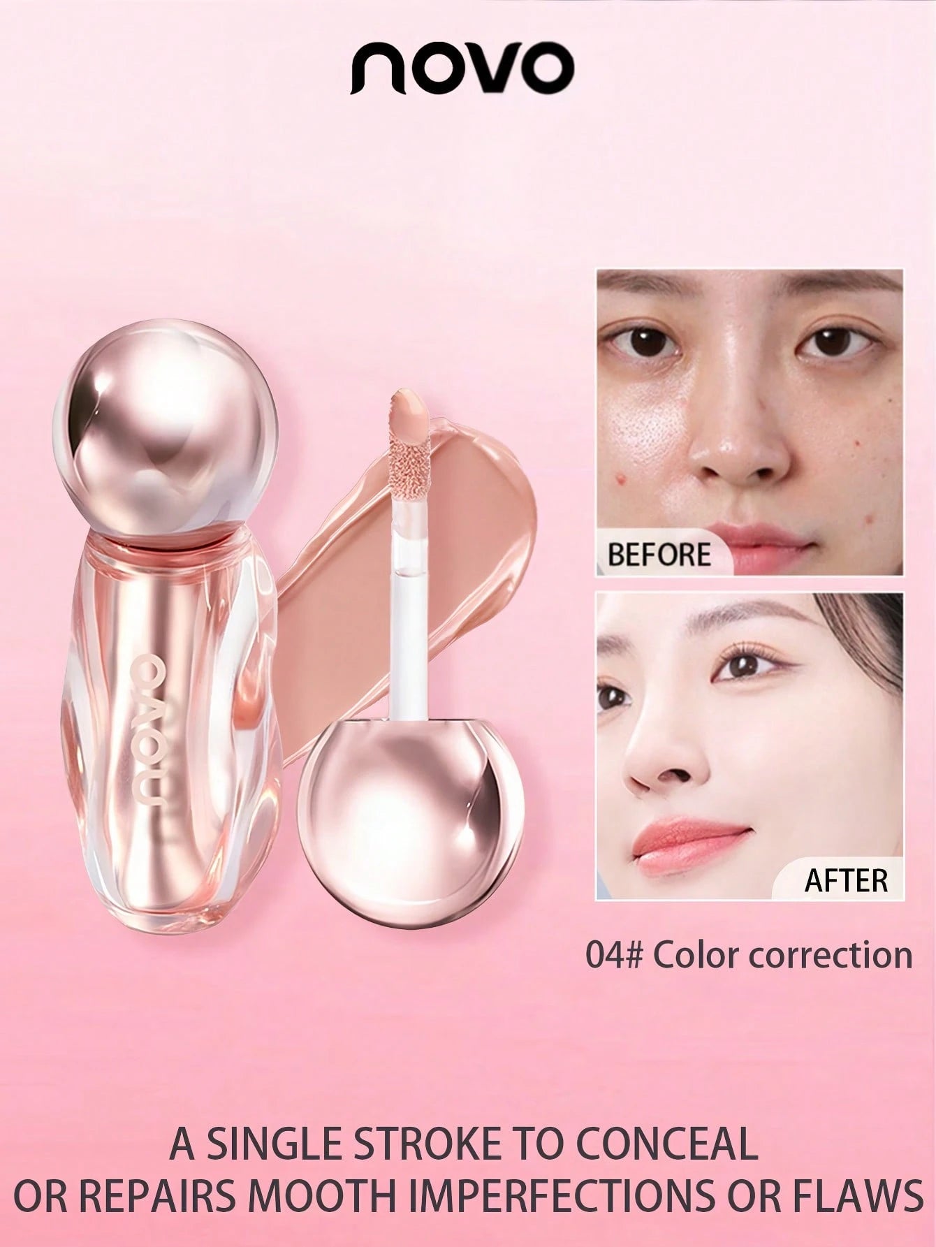Cosmetic product set with 'novo' branding on a pink background, showing before and after effects.