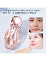 Cosmetic product with before and after effects on skin shown on a light blue background