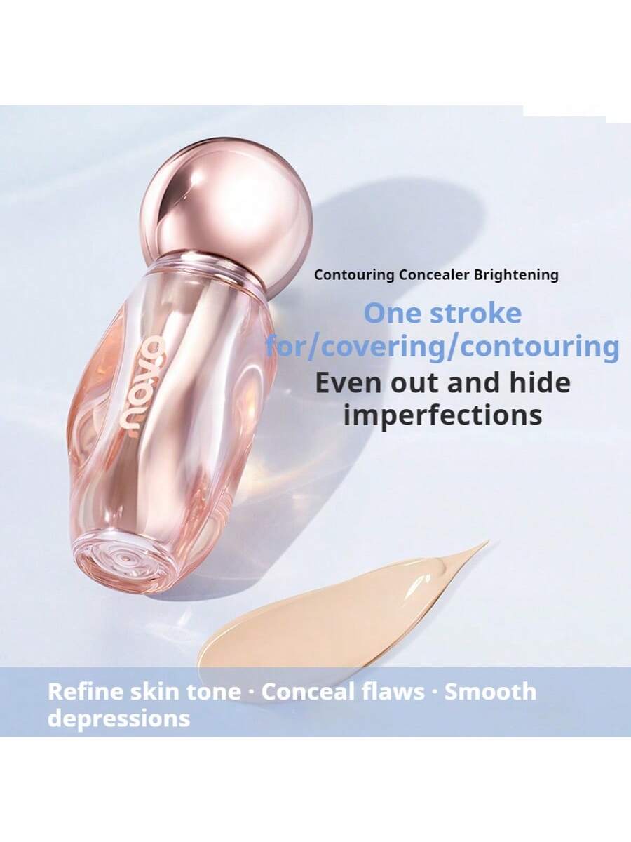 Cosmetic concealer bottle with text on a light blue background