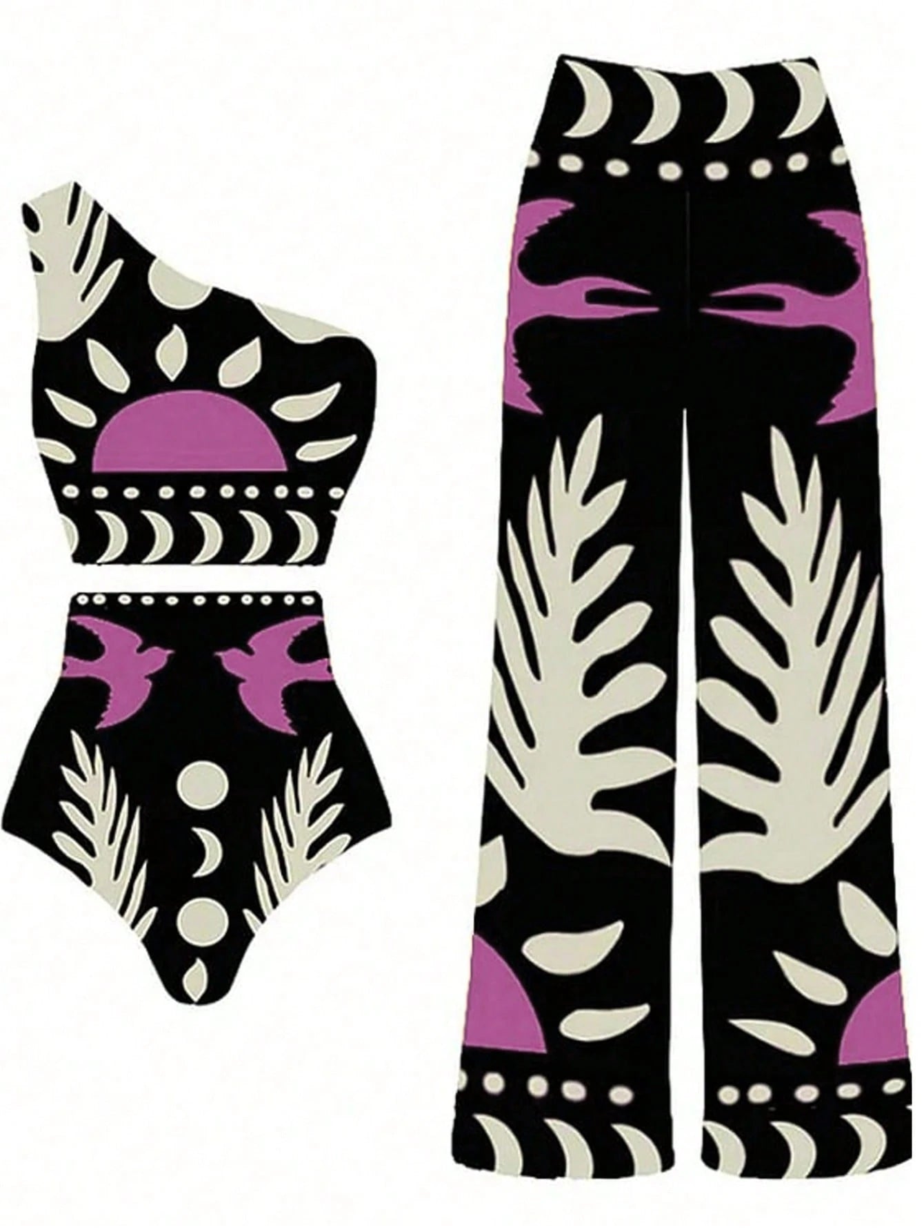 Black outfit with white and purple patterns on a white background