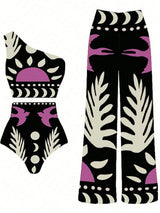 Black outfit with white and purple patterns on a white background