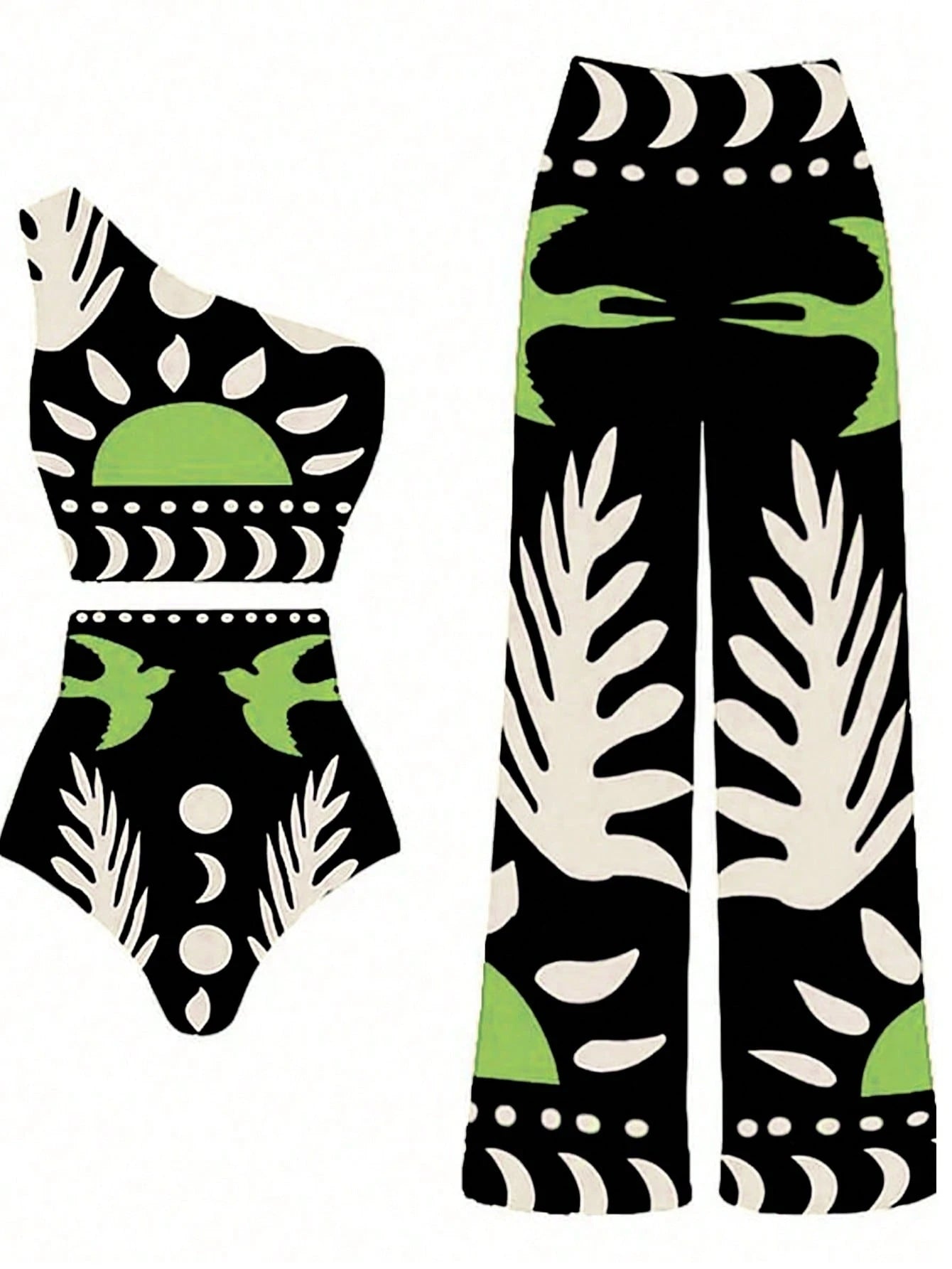 Set of black, green, and white patterned leggings on a white background