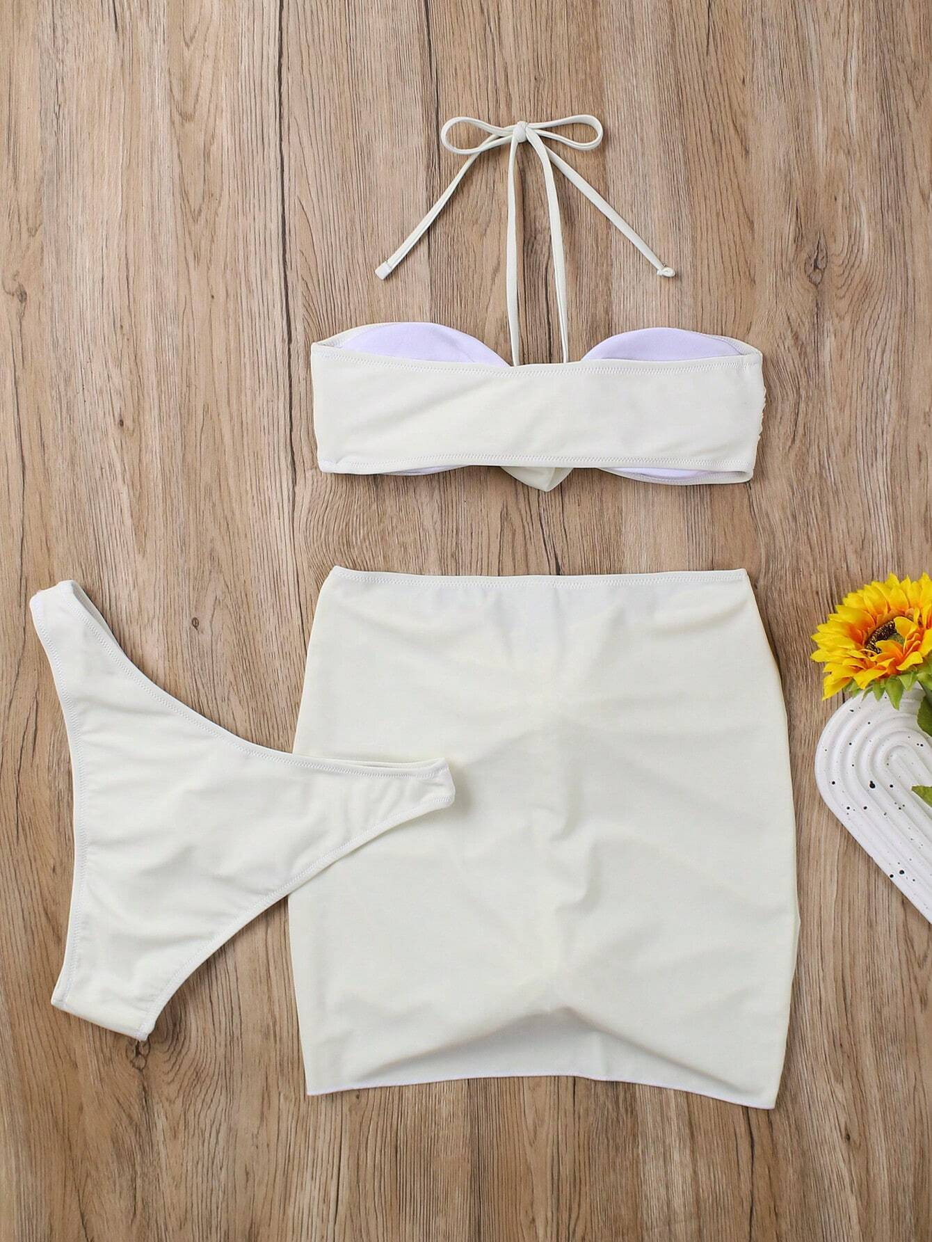SHEIN New Arrival Sexy Elegant Casual Floral White Solid 3-Piece Bikini