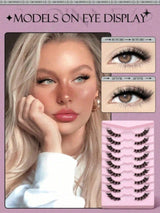 Promotional graphic for false eyelashes showing a blonde model with lashes on, before/after lash comparison close-ups, and a pink tray of black false eyelashes. Text at the top reads 'MODELS ON EYE DISPLAY'.