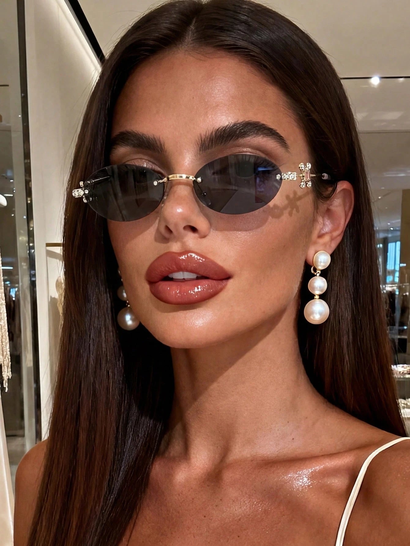 Woman wearing sunglasses and pearl earrings indoors