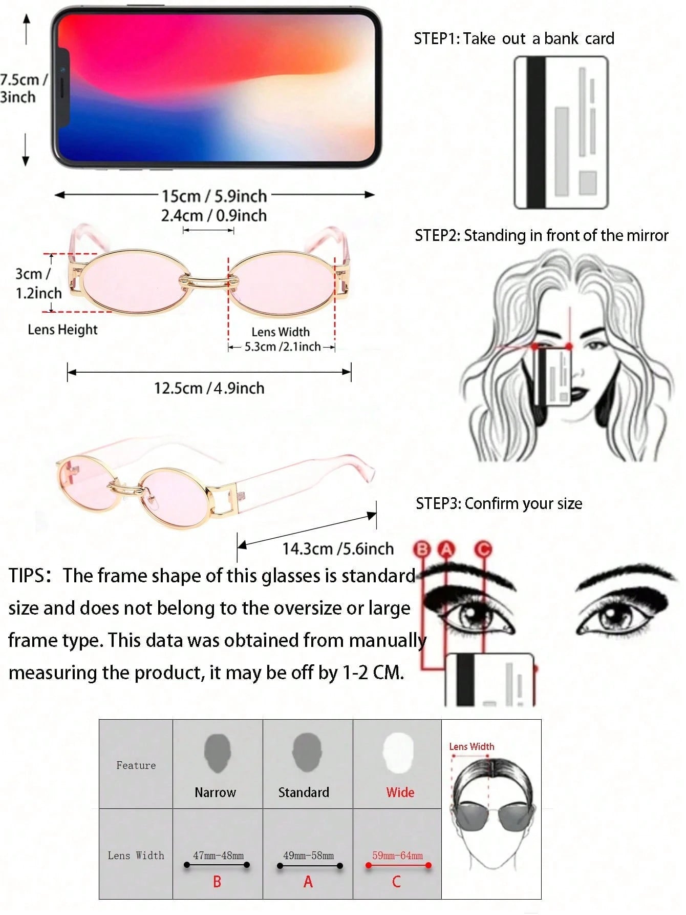 Instructions for measuring eyeglass frame size with a bank card and mirror, including dimensions and step-by-step guide.