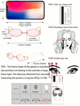 Instructions for measuring eyeglass frame size with a bank card and mirror, including dimensions and step-by-step guide.