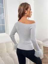 SHEIN Privé Asymmetrical Neck Fuzzy Cuff Ribbed Knit Sweater