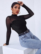 SHEIN Privé Mock-Neck Mesh Yoke Velvet Long Sleeve Black Tee