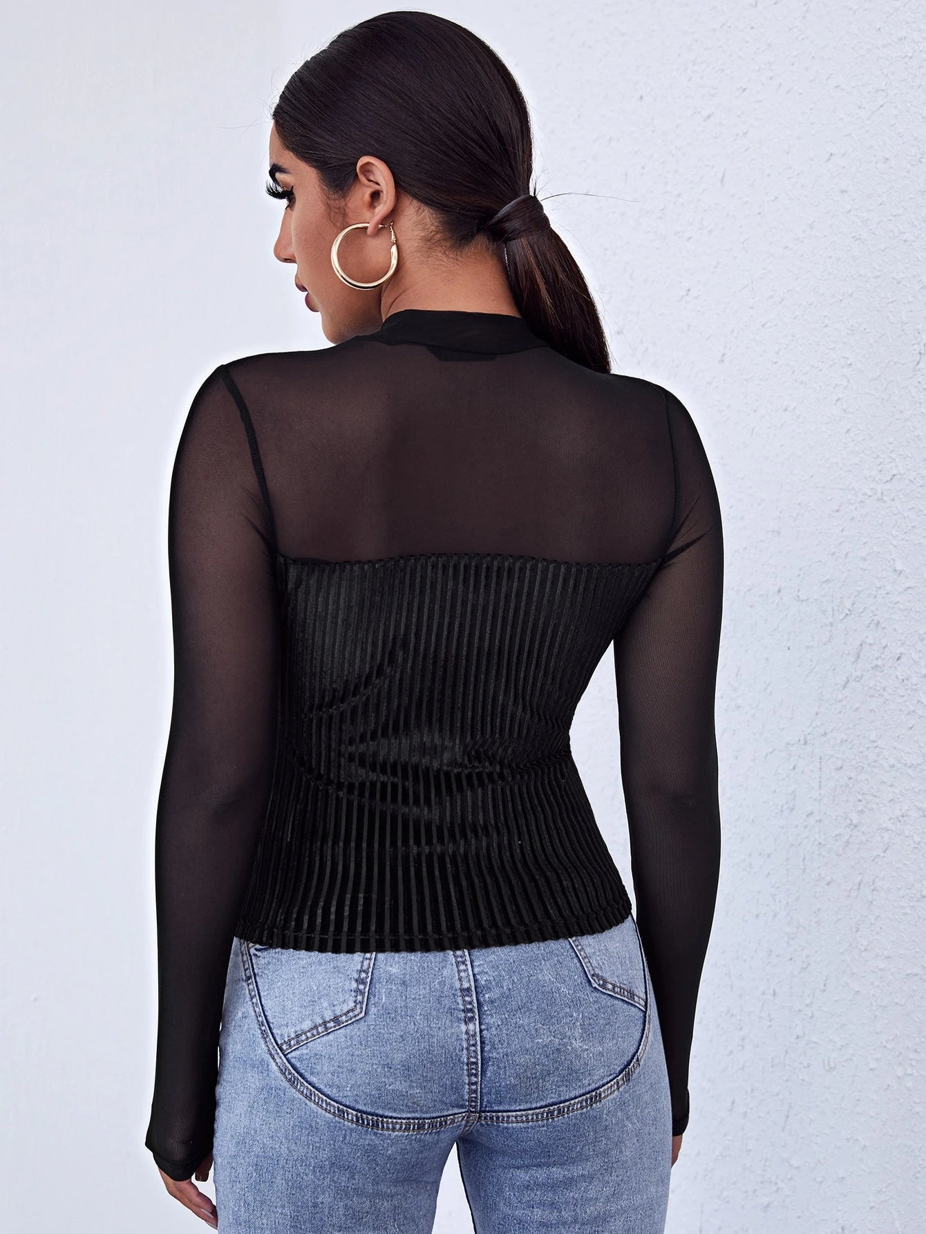 SHEIN Privé Mock-Neck Mesh Yoke Velvet Long Sleeve Black Tee