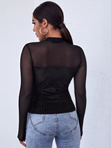 SHEIN Privé Mock-Neck Mesh Yoke Velvet Long Sleeve Black Tee
