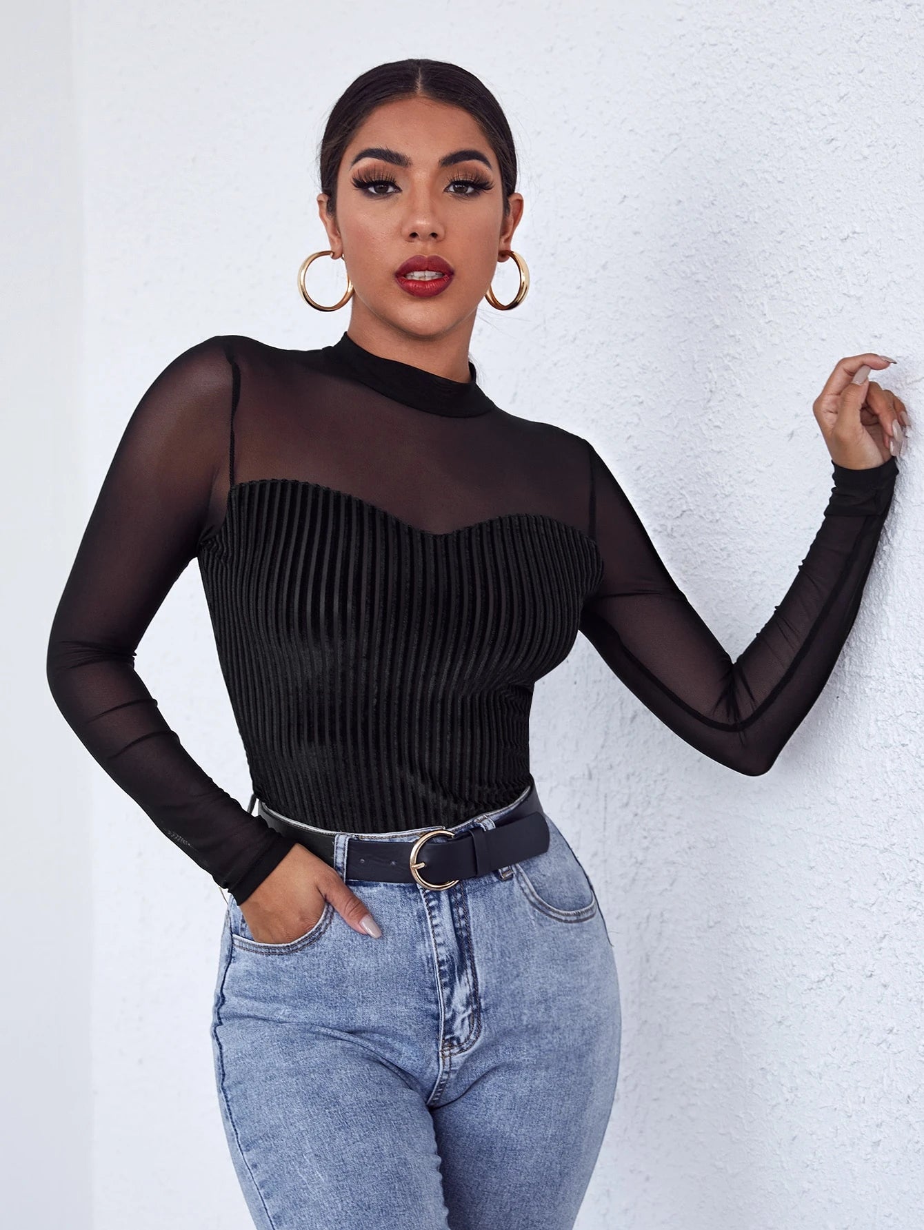 SHEIN Privé Mock-Neck Mesh Yoke Velvet Long Sleeve Black Tee