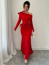 SHEIN Privé Women Solid Color Asymmetric Neck Long Sleeve Bow Decor Dress