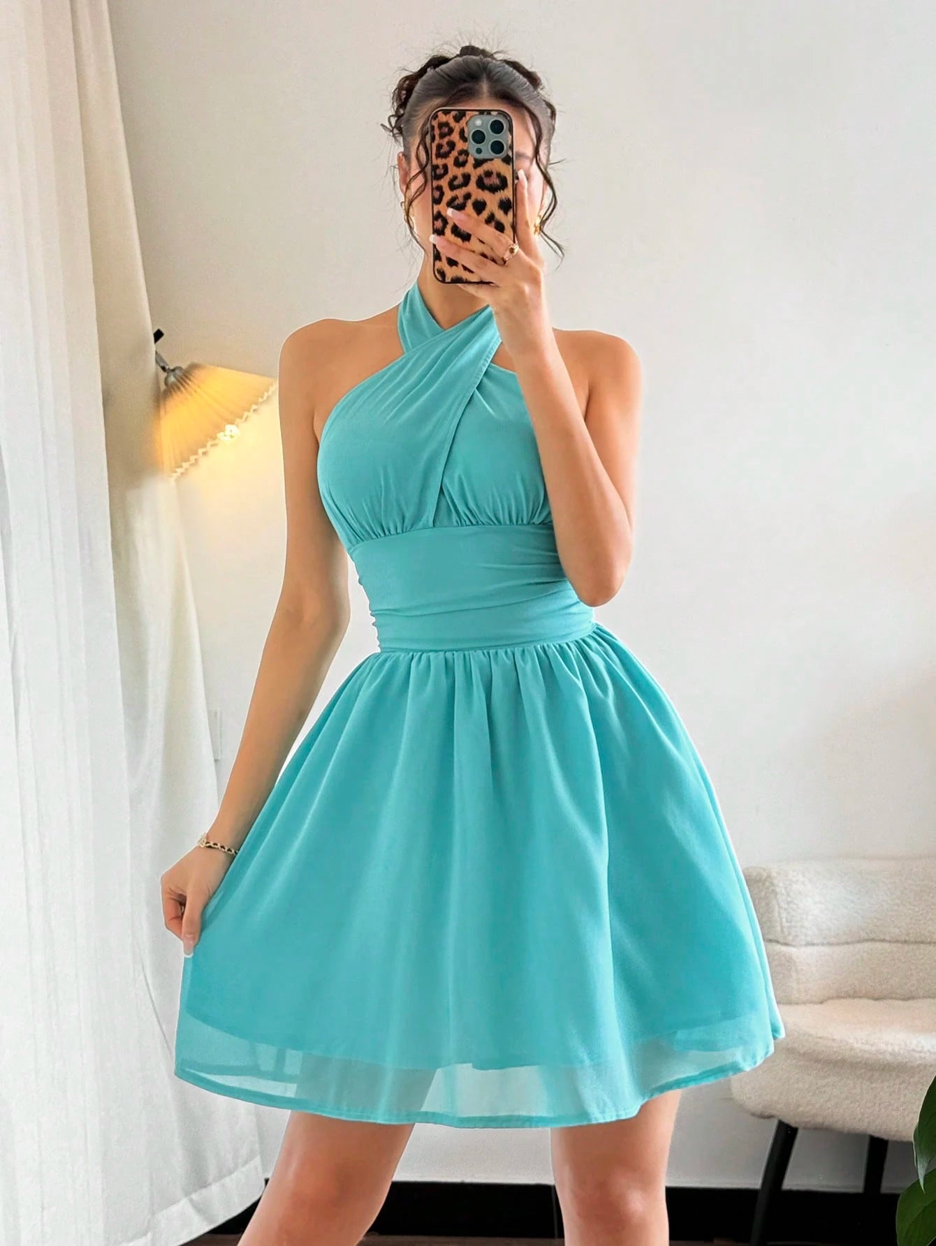 SHEIN Privé Women's New Elegant Halter Flared Short Dress