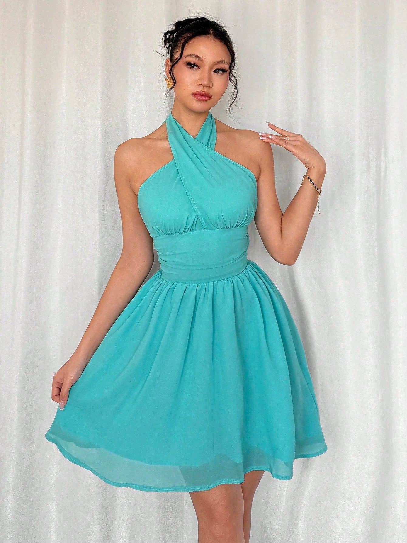 SHEIN New Elegant Halter Flared Short Dress – TRENDYEG