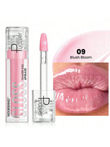 Paceline lip gloss with pink cap and clear container, showing color on lips.