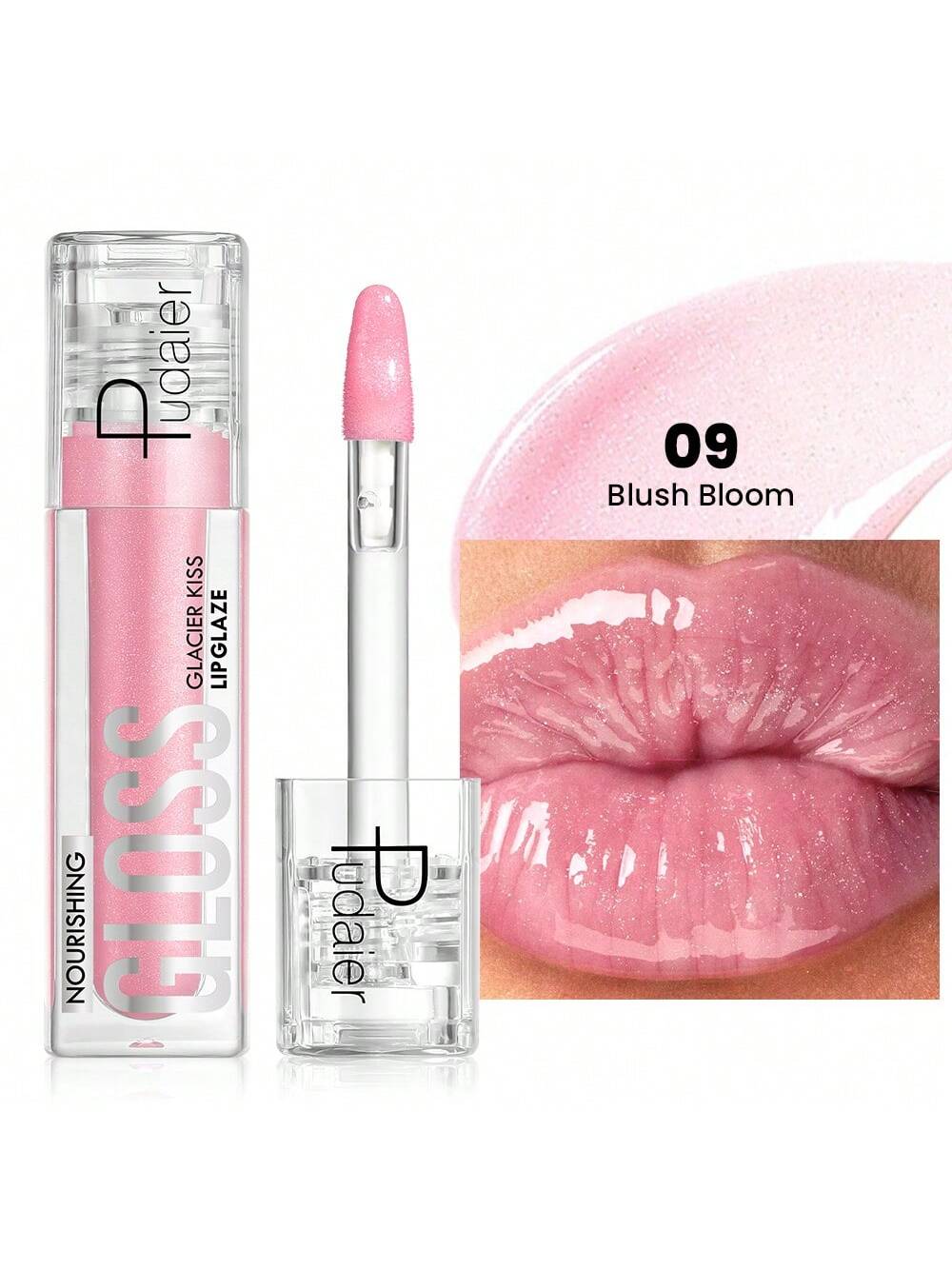 Paceline lip gloss with pink cap and clear container, showing color on lips.