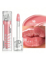 Lip gloss with applicator and close-up of lips wearing the product, branded 'Puccater'.