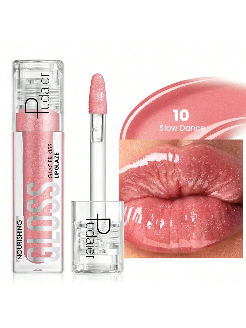 Lip gloss with applicator and close-up of lips wearing the product, branded 'Puccater'.