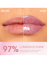 Before and after comparison of lips with 97% luminous shine, showing a glossy finish.