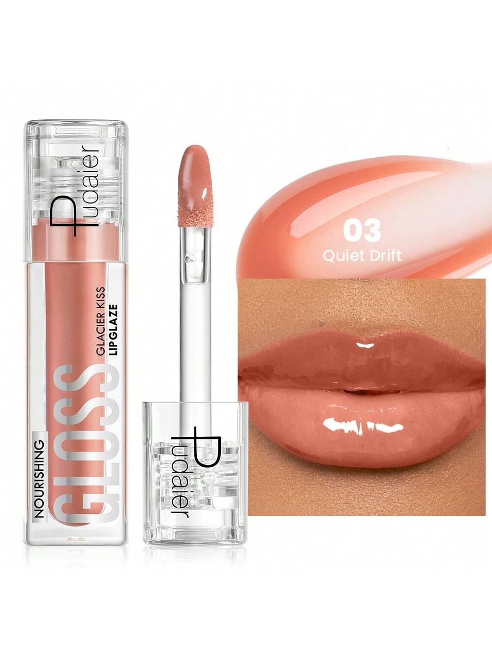 Pudellos lip gloss with packaging and a close-up of lips wearing the product.