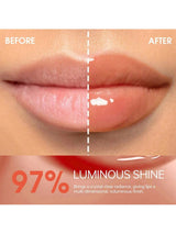 Before and after comparison of lips with 97% luminous shine, showing a clear product application.