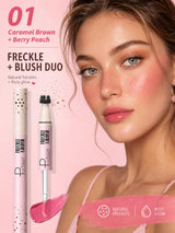 A beauty advertisement showing a model with freckles and peachy blush makeup next to two pink cosmetic tubes labeled 'FRECKLE BLUSH DUO' and 'CRYSTALINE BLUSH'. The text reads '01 Caramel Brown + Berry Peach' and 'FRECKLE + BLUSH DUO' on a pink background.