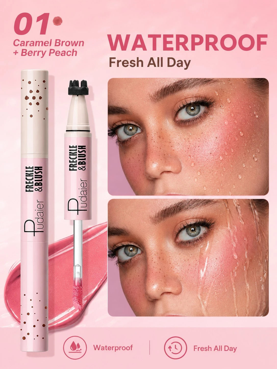 A pink cosmetic ad for Precise & Brush waterproof eyeliner and lip blush in Caramel Brown + Berry Peach. The ad shows the product tube and wand on the left, large text on the right, and two close-up photos of a woman's face demonstrating the waterproof and fresh all-day finish.