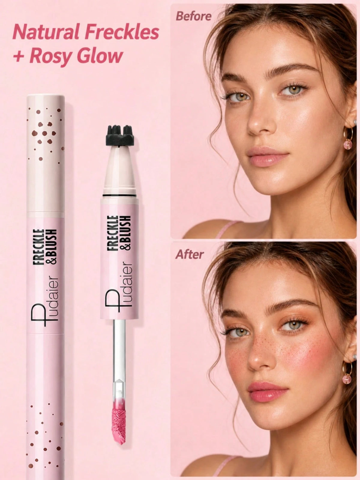Pudaler Freecicle & Bush Precise & Bush lip gloss tube and wand applicator shown next to before-and-after photos of a model with freckles and a rosy glow.