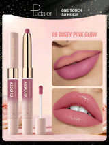 Pudaier Glossy Liquid Lipstick packaging with product display and close-up of lips wearing the shade.