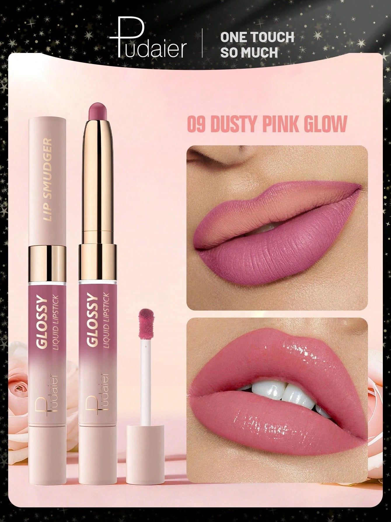 Pudaier Glossy Liquid Lipstick packaging with product display and close-up of lips wearing the shade.