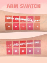 Lipstick swatches on an arm with color numbers