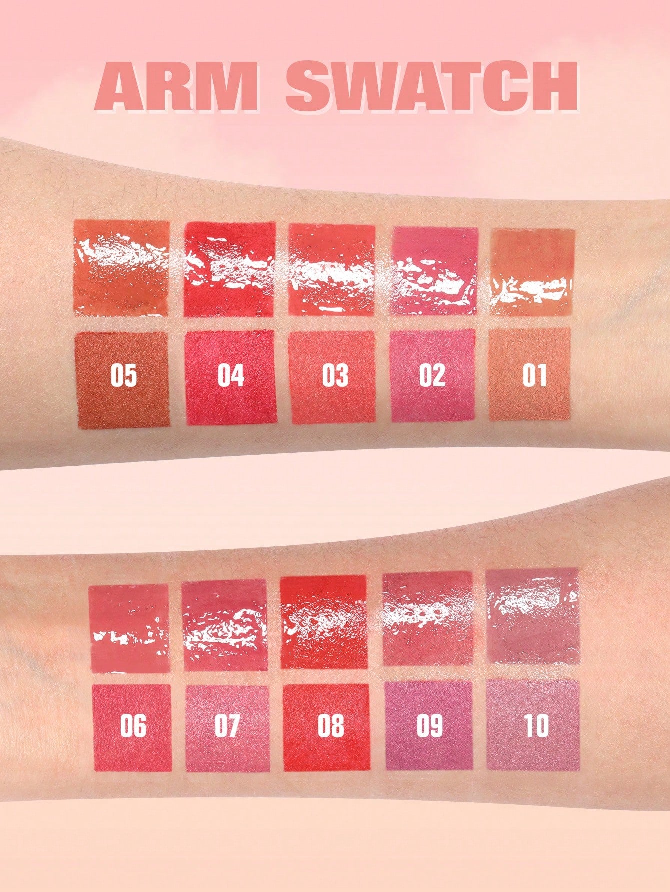 Lipstick swatches on an arm with color numbers