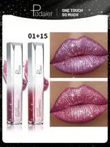 Pudaier lip gloss packaging with glittery purple lip application on a neutral background