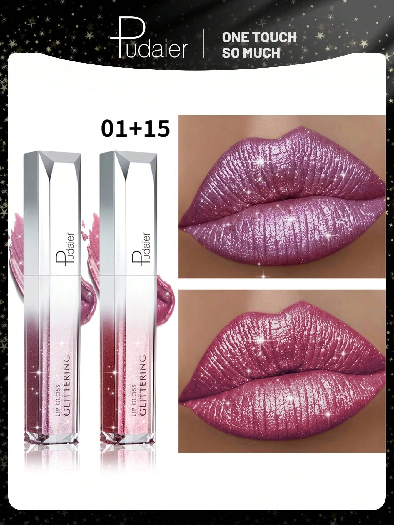 Pudaier lip gloss packaging with glittery purple lip application on a neutral background