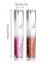 Two lip glosses with dimensions and brand name on a white background