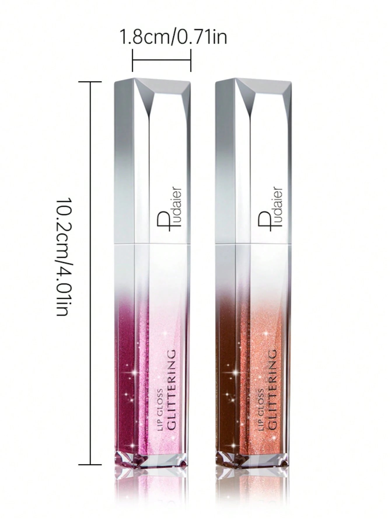 Two lip glosses with dimensions and brand name on a white background