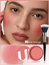 A close-up beauty listing image showing a model's face with pink-orange blush applied, alongside the product pot, a makeup brush, and the text '05 Pink Orange'.