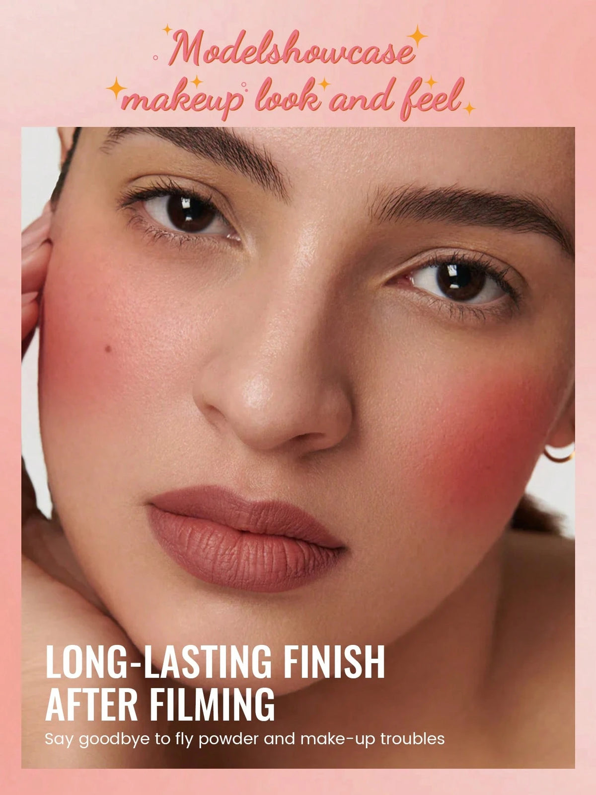 Close-up beauty promotional photo of a model's face with pink blush and mauve lipstick, overlaid with text reading 'Modelshowcase makeup look and feel' and 'LONG-LASTING FINISH AFTER FILMING'.