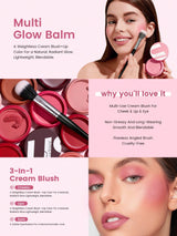 A promotional collage for a multi-use glow balm and cream blush set, featuring a woman applying pink blush and holding a round compact, close-up shots of pink blush compacts and brushes, and text highlighting benefits such as multi-use cheek and eye color, non-greasy long-lasting wear, and a cruelty-free formula.