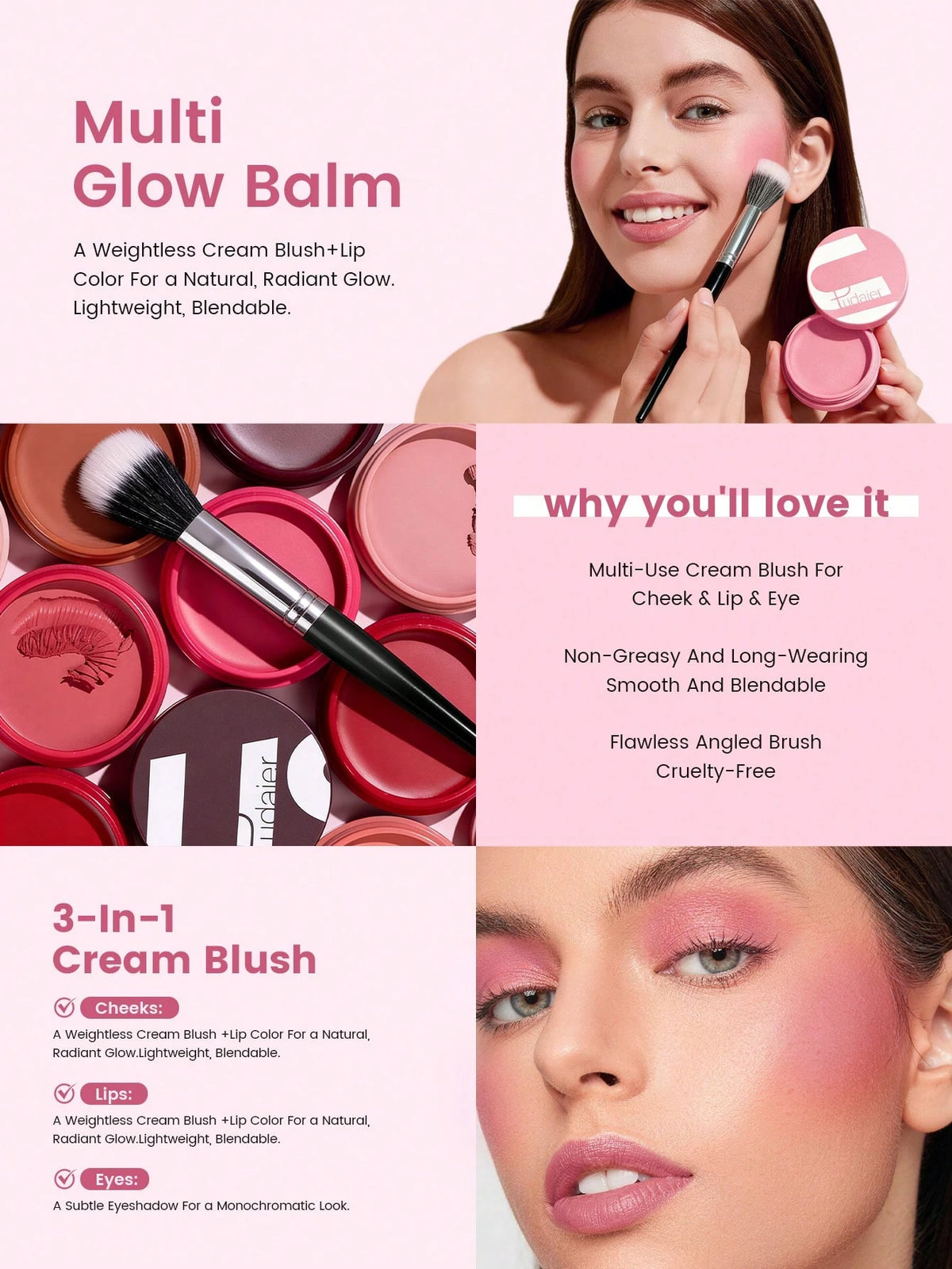 A promotional collage for a multi-use glow balm and cream blush set, featuring a woman applying pink blush and holding a round compact, close-up shots of pink blush compacts and brushes, and text highlighting benefits such as multi-use cheek and eye color, non-greasy long-lasting wear, and a cruelty-free formula.