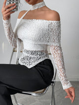 SHEIN Raffinéa Women's Lace Off Shoulder Off Shoulder Flowy T-Shirt