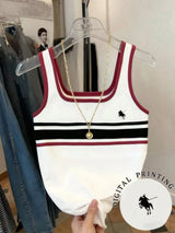 White tank top with red and black stripes on a hanger, with a digital printing logo in the corner.