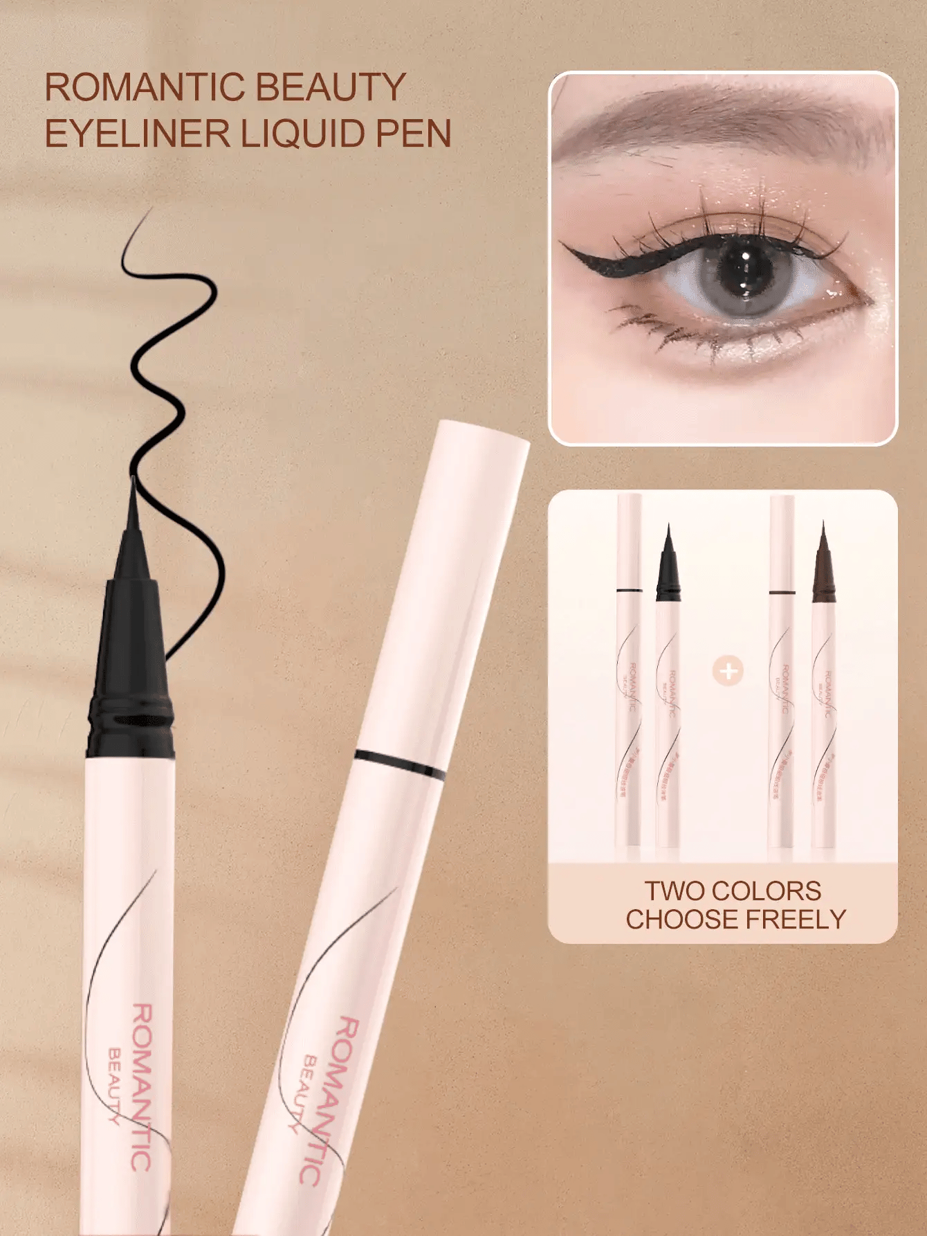 Romantic Beauty eyeliner liquid pen with close-up of eye wearing the product on a beige background.
