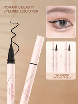 Romantic Beauty eyeliner liquid pen with close-up of eye wearing the product on a beige background.