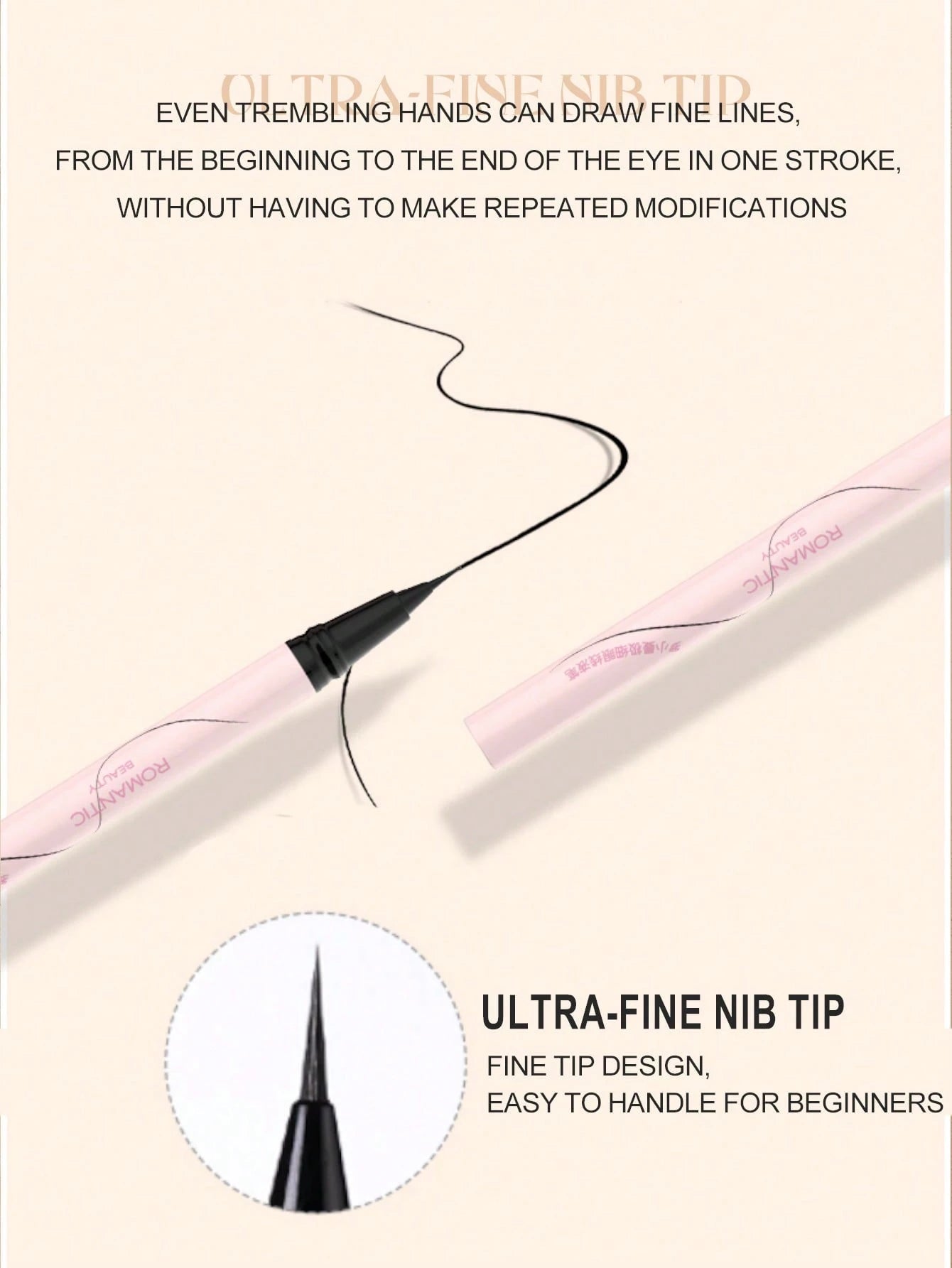 Eyeliner pen with ultra-fine nib tip on a light pink background