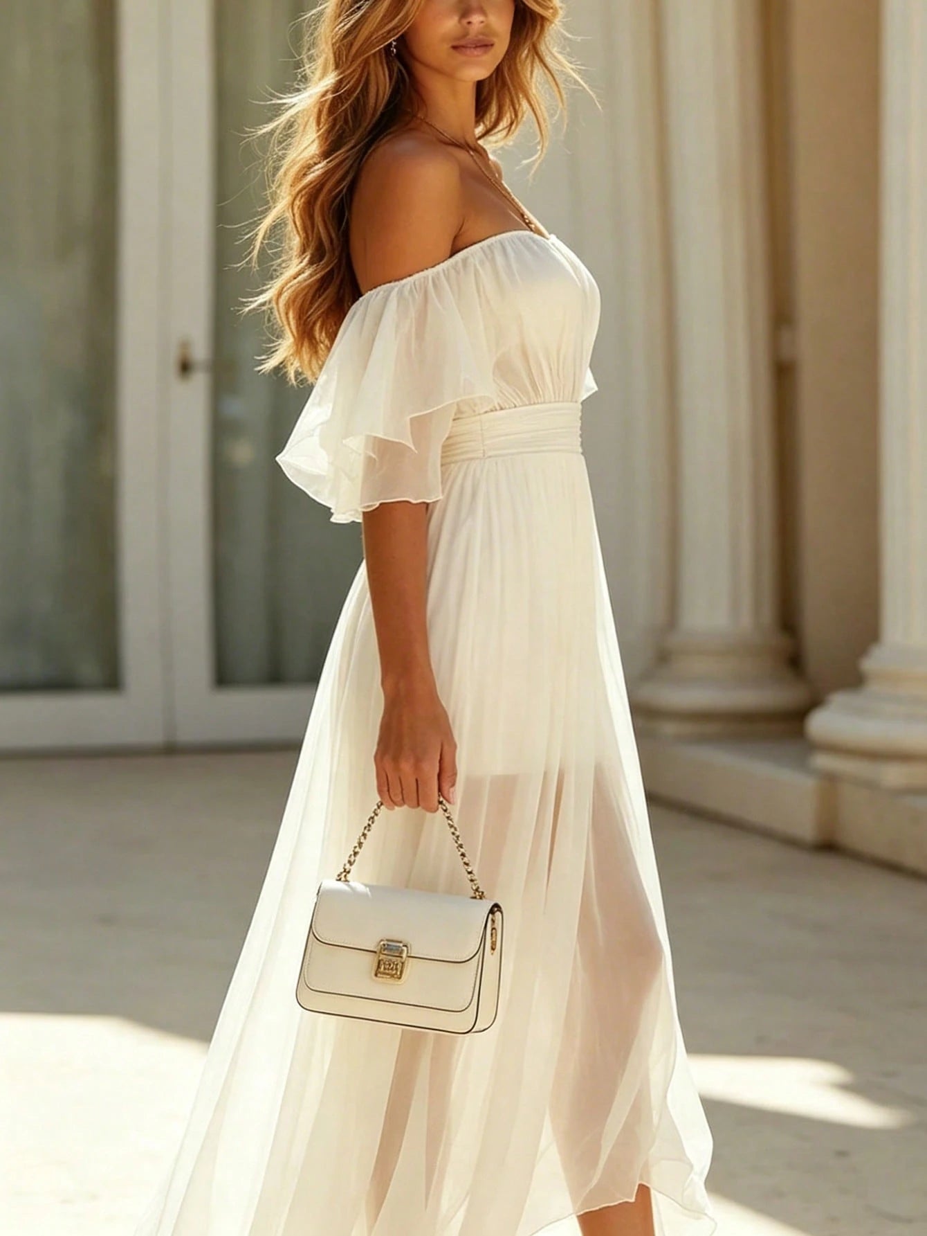 A woman wearing a flowing off-the-shoulder white maxi dress with a ruffled sleeve, holding a white structured handbag with gold hardware, set against a sunlit classical building background with columns.