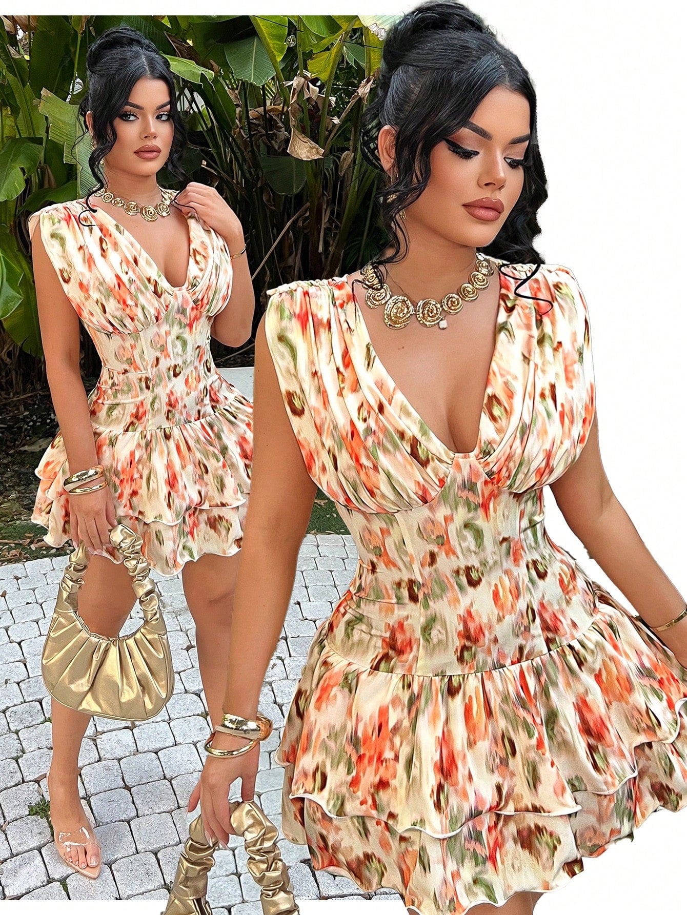 Woman wearing a floral dress with gold accessories outdoors.
